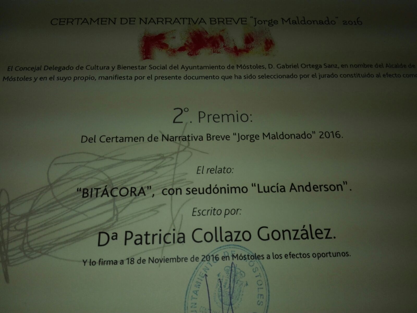 Segundo premio en el Certamen de Narrativa Breve Jorge Maldonado