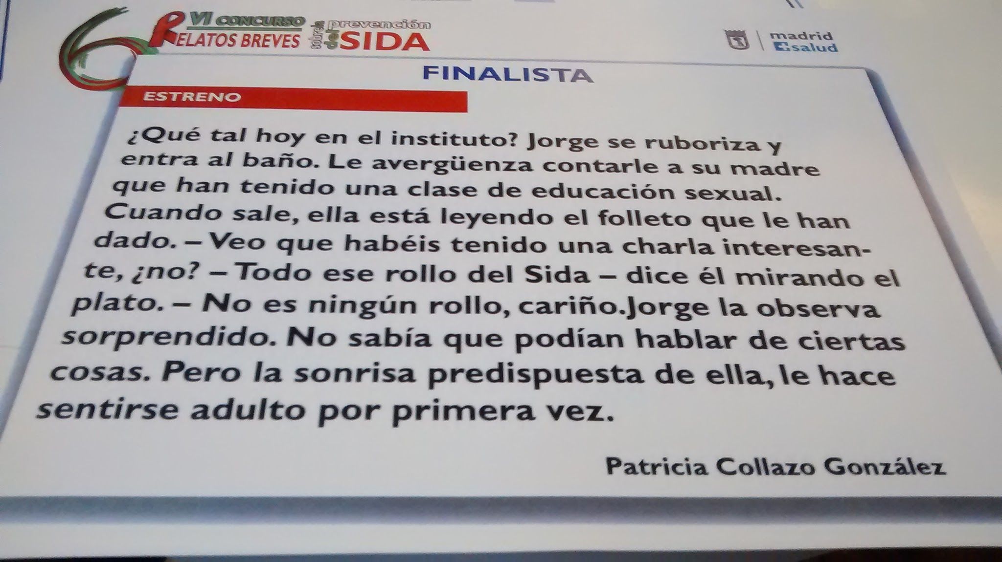 Estreno – Finalista en el VI Concurso de relatos breves sobre la prevención del Sida